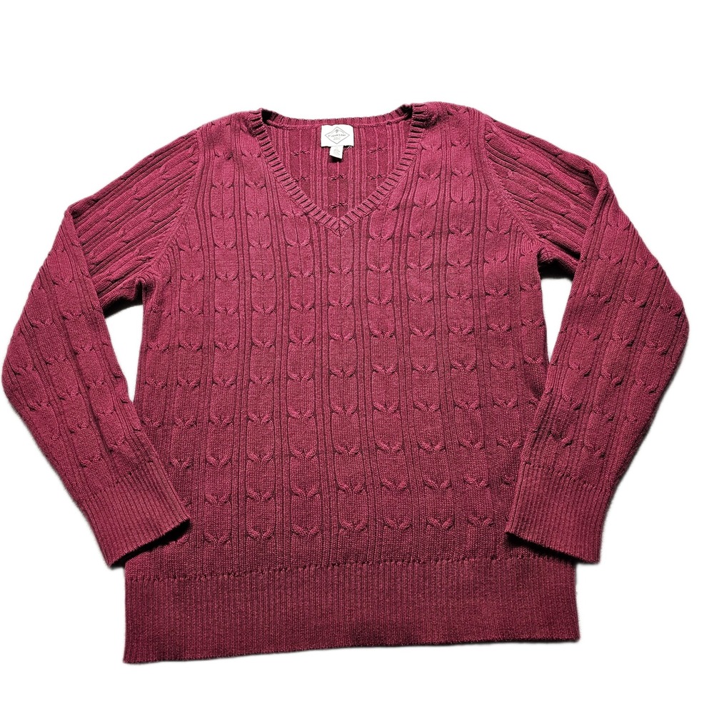 St John's Bay Sweater Women XL Burgundy Cable Knit V-Neck Raglan Sleeve Pullover